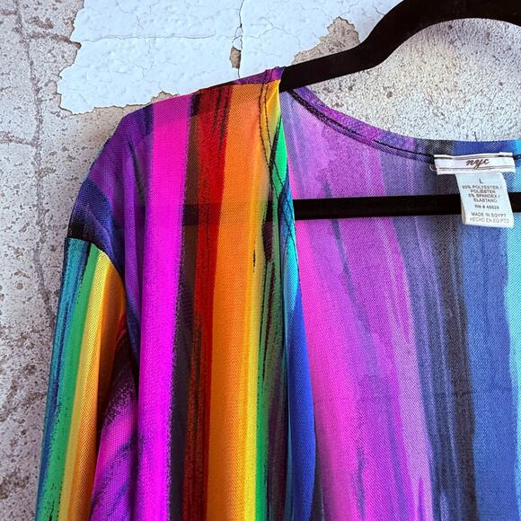 Rainbow Maxi Duster Sheer Mesh Swimsuit Cover Up Long Cardigan Womens L Festival - Picture 4 of 6